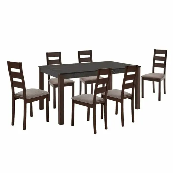 SIENNA Set (1+6) Τραπεζαρίας - Κουζίνας, Σκούρο Καρυδί, Melamine Greystone,Ύφασμα Μπεζ (Table:150x90x74 Chair:45x52x97)