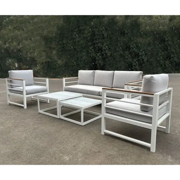 MARILIAN Set Σαλόνι Κήπου, 5τεμ, Μέταλλο Βαφή Άσπρο, Μαξιλάρια Γκρι (2 Πολυθρ+1 Καναπ+2 Τραπεζάκια)