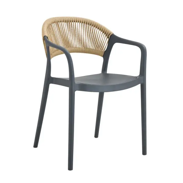 DONNA Πολυθρόνα Στοιβαζόμενη, PP-UV Ανθρακί, Rope Wicker Φυσικό (57x55x79cm)