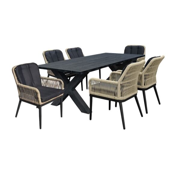 ALLEY Set Τραπεζαρία ALU Ανθρακί-Rope Φυσικό: Τραπέζι 180x94 + 6 Πολυθρόνες με Μαξιλ (Table:180x94x72 Chair:62x64x85)