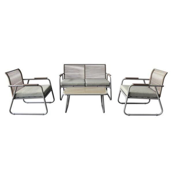 ROCCO Set Σαλόνι Κήπου 4τεμ, Μέταλλο Μπεζ, Rope Wicker Μπεζ, Μαξιλ.Μπεζ, Γυαλί Μπεζ (2 Πολυθρ+1 Καναπ+1 Τραπεζάκι)