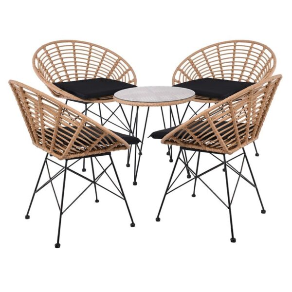 SALSA Coral Coffee Set Κήπου Μέταλλο Μαύρο - Γυαλί - Wicker Φυσικό: Τραπεζάκι+4 Πολυθρόνες (TableΦ52x53 Armchair72x62x81cm)